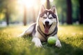 Summer relaxation: husky in repose with tennis ball on green park lawn, obedient and content