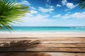 Summer relaxation symbolized by a wooden table on a beach