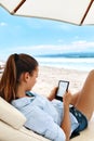 Summer Relaxation. Woman Reading, Relaxing On Beach. Summertime Royalty Free Stock Photo