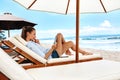 Summer Relaxation. Woman Reading, Relaxing On Beach. Summertime Royalty Free Stock Photo