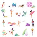 Summer relaxing people and leisure activity in the ocean beach icons set. Modern gradient flat design vector Royalty Free Stock Photo