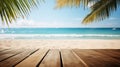 Summer rest background, Empty wood table over blue sea, beach and palm in summer day Royalty Free Stock Photo
