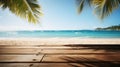 Summer rest background, Empty wood table over blue sea, beach and palm in summer day Royalty Free Stock Photo