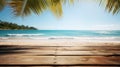 Summer rest background, Empty wood table over blue sea, beach and palm in summer day
