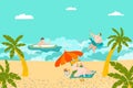 Summer rest on beach, people swimming and sunbathing, tropical palms and sand, ocean seaside flat vector illustration.