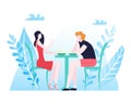 Summer rest, couple love composition, happy man, romantic setting, dinner for two, design cartoon style vector