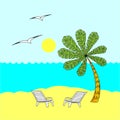 Summer rest. Sunny day. Two deck chairs under the palm tree. Warm sea. Concept of relaxation. Vector illustration Royalty Free Stock Photo