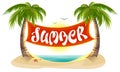 Summer rest. Tropical palm trees, sea, beach. Summer lettering text banner Royalty Free Stock Photo