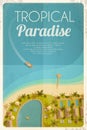 Summer retro background with tropical hotel and motorboat. Vector illustration, eps10. Royalty Free Stock Photo