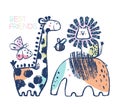 Summer rhinoceros, hippopotamus, toucan tropical t-shirt print. Beach vacation kids design, savannah nursery