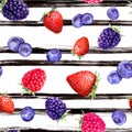 Summer ripe berries - raspberry, strawberry, blackberry, blue berry. Seamless pattern. Watercolor with ink lines