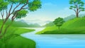 Summer river or lake with mountain landscape cartoon illustration Royalty Free Stock Photo