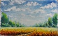 Summer road through field, clouds, green trees, oil painting Royalty Free Stock Photo