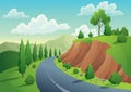 Summer road landscape with green hills, blue sky, meadow and mountains. Straight empty road through the countryside Royalty Free Stock Photo