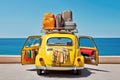 Summer Road Trip Adventure: Packed Retro Car with Family and Friends, Luggage and Beach Gear, Against Vivid Blue Sky and Ocean Royalty Free Stock Photo