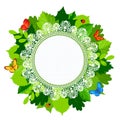 Summer round leaves frame with lace and butterflies