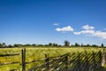 Summer rural landscape, behind a wooden fence an old windmill and a wooden church on the island of Kizhi in Karelia Royalty Free Stock Photo