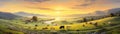 Summer Rural Landscape With Cows, Farm, And Sunrise Over Hills. Panoramic Banner. Generative AI Royalty Free Stock Photo