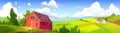 Summer rural landscape with farm barn, green field