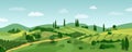 Summer rural landscape flat vector illustration. Italian scene with green hills and fields Royalty Free Stock Photo