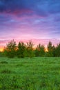 Summer rural landscape with forest, a meadow and sunrise Royalty Free Stock Photo