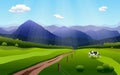 Summer rural landscape with hills, fields and cow.