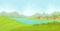 Summer rural landscape with houses and river, field with green grass, agriculture and farming vector Illustration on a Royalty Free Stock Photo