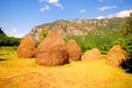 Summer rural landscape with mountain and haystacks