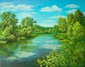 Summer rural landscape in Russia. Sunny day - calm blue summer river with reflection green grass and trees . Original
