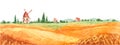 Summer rural landscape, wheat rye field. Watercolor hand drawn illustration, background for your design: bakery, cafe