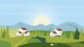 Summer rural village cartoon landscape, countryside farmland idyllic scene with farm houses, fields Royalty Free Stock Photo