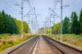 Summer Russian Railway. Rails and sleepers. Railroad among the scape