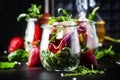 Summer salad with arugula, soft cheese, red strawberry and prosciutto in glass jars on black table, selective focus Royalty Free Stock Photo