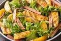 Summer salad of fried chicken, rhubarb, lettuce, onions and oranges close-up on a plate. horizontal Royalty Free Stock Photo