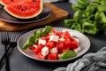 Summer salad of watermelon, feta cheese and green basil, healthy food, horizontal orientation