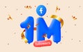 1m followers thank you Facebook 3d blue balloons and colorful confetti. 3d numbers for social media 70000 followers,