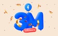 3m followers thank you Facebook 3d blue balloons and colorful confetti. 3d numbers for social media 70000 followers,