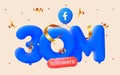 30M followers thank you 3d blue balloons and colorful confetti. Vector illustration 3d numbers for social media 30000000 followers