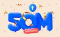 50m followers thank you Facebook 3d blue balloons and colorful confetti. 3d numbers for social media 70000 followers, Royalty Free Stock Photo