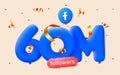 60m followers thank you Facebook 3d blue balloons and colorful confetti. 3d numbers for social media 70000 followers, Royalty Free Stock Photo