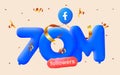 70m followers thank you Facebook 3d blue balloons and colorful confetti. 3d numbers for social media 70000 followers,
