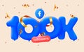 100K followers thank you Facebook 3d blue balloons and colorful confetti. Vector illustration 3d numbers, Thanks followers