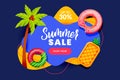 Summer sale abstract banner design. Inflatable floating toys and palm tree, vector illustration. Season discount poster Royalty Free Stock Photo