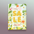 Summer Sale Ad Poster with Exotic Tropical Plumeria Flowers and Palm Leaves. Promotional Banner