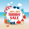 Summer sale background banner design template with colorful beach and object vacation elements. Royalty Free Stock Photo