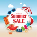 Summer sale background banner design template with colorful beach and object vacation elements.