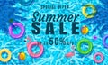 Summer Sale background banner template. Swimming tiled pool, blue water ocean, float swim rings, tropical, top view Royalty Free Stock Photo
