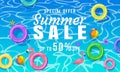 Summer Sale background banner template. Swimming tiled pool, blue water ocean, float swim rings, tropical, top view Royalty Free Stock Photo