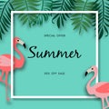 Summer sale background with beautiful flamingo bird, vector illustration template
