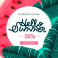 Summer sale background layout banners decorate with tropical leaf and watermelon. voucher discount, vector illustration.